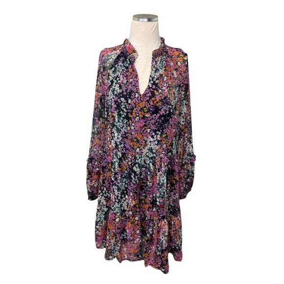 Vince Camuto Boho Black Pink Floral Lined Babydoll Chiffon Dress‎ Size Medium - Picture 1 of 8